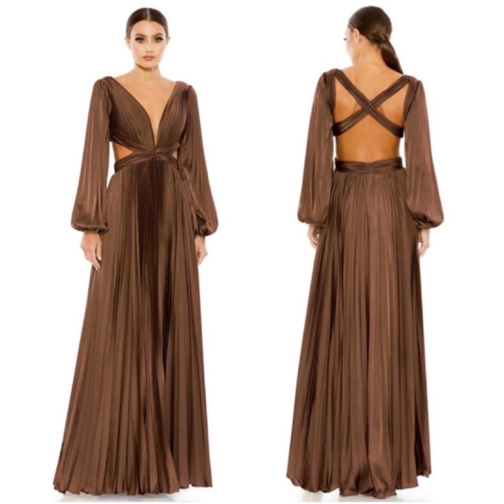 Mac Duggal Satin V Neck Gown Dress 26737 in Espresso Brown Size 10